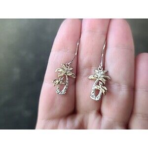 925 Sterling Silver Two Toned Palm Tree Dangling Pierced Earrings Vintage READ